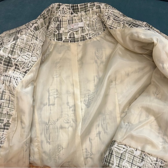 Women’s Jacket Blazer Cropped Textured Plaid Button Front Green White Black PL - Picture 7 of 10